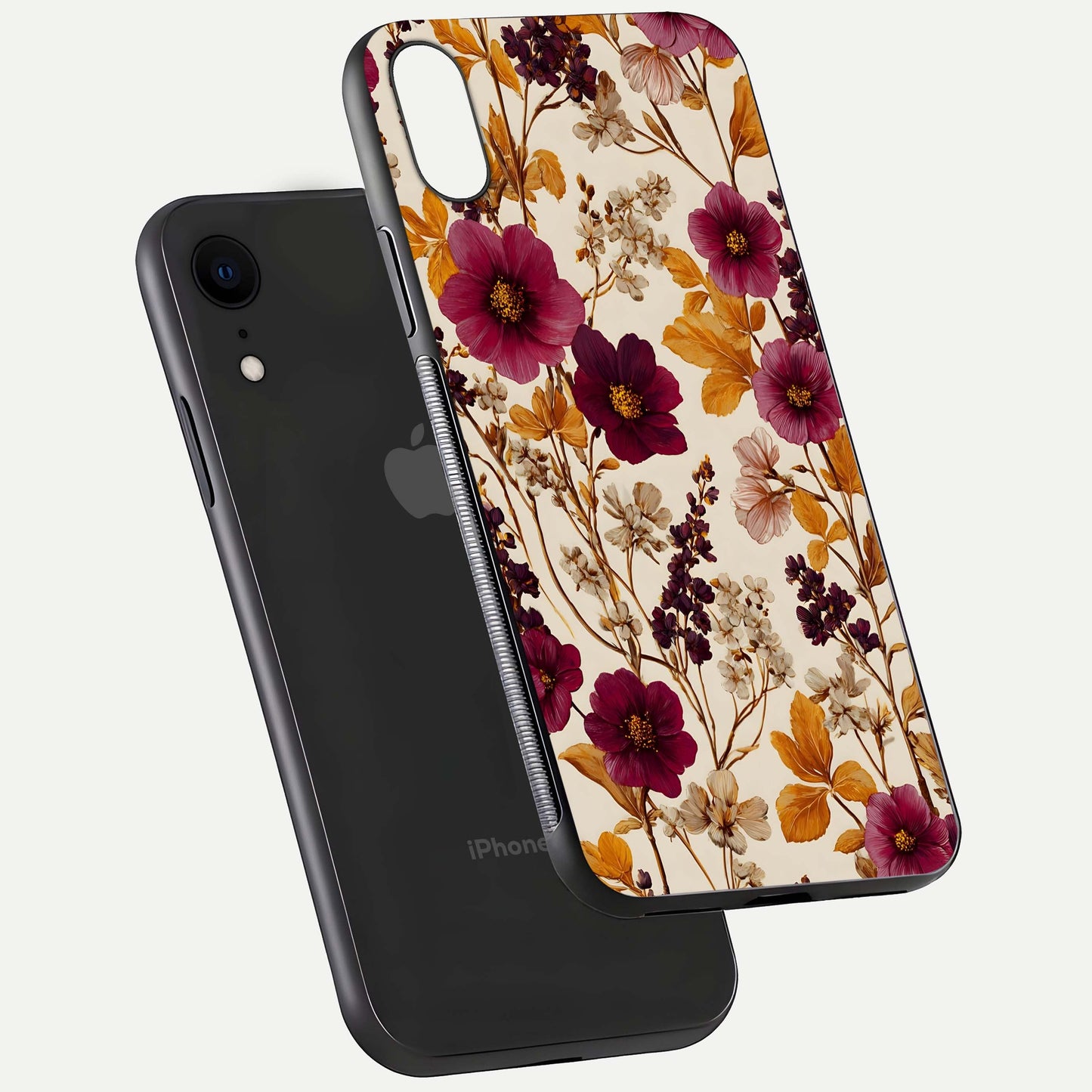 Autumn Wine Bloom Glass Case for iPhone 16 Pro floating mockup with premium floral gradient and protection edge