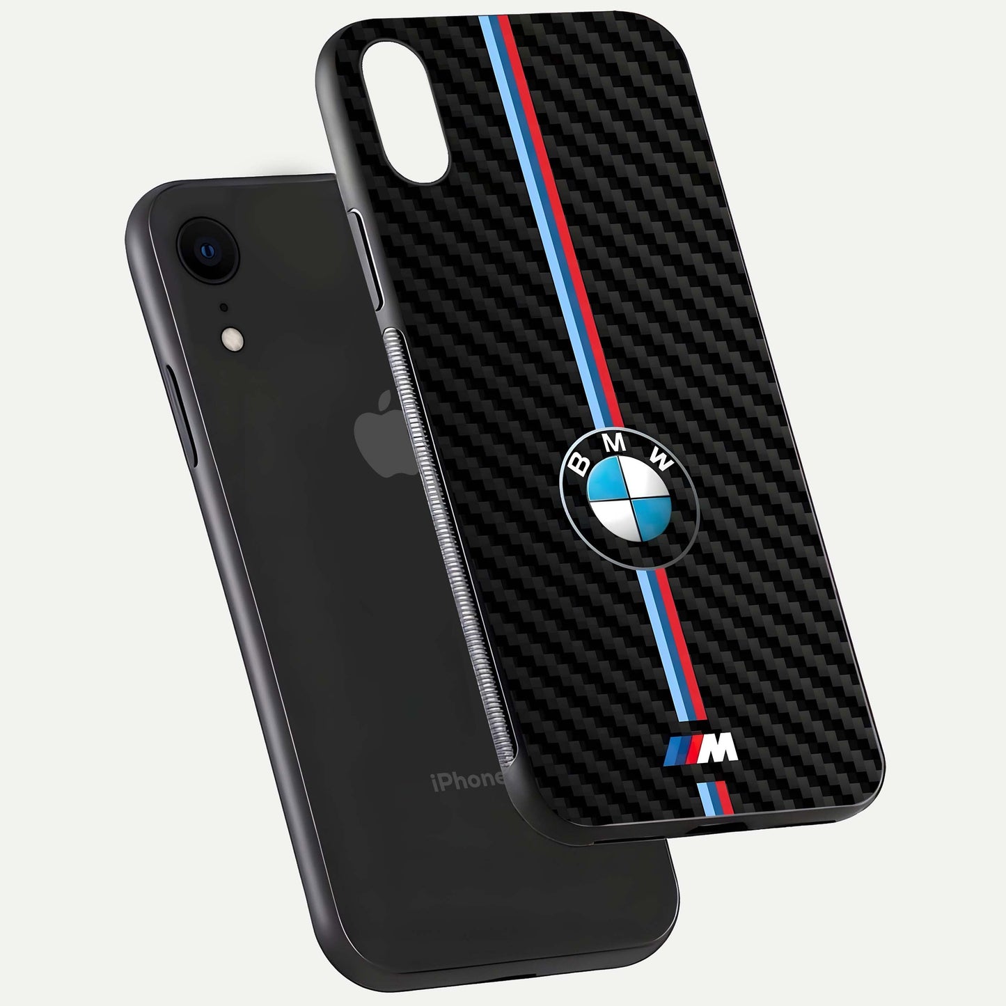 BMW Pattern Glass Case for iPhone Xr floating mockup highlighting clean lines and metallic accent reflection