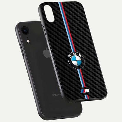 BMW Pattern Glass Case for iPhone Xr floating mockup highlighting clean lines and metallic accent reflection