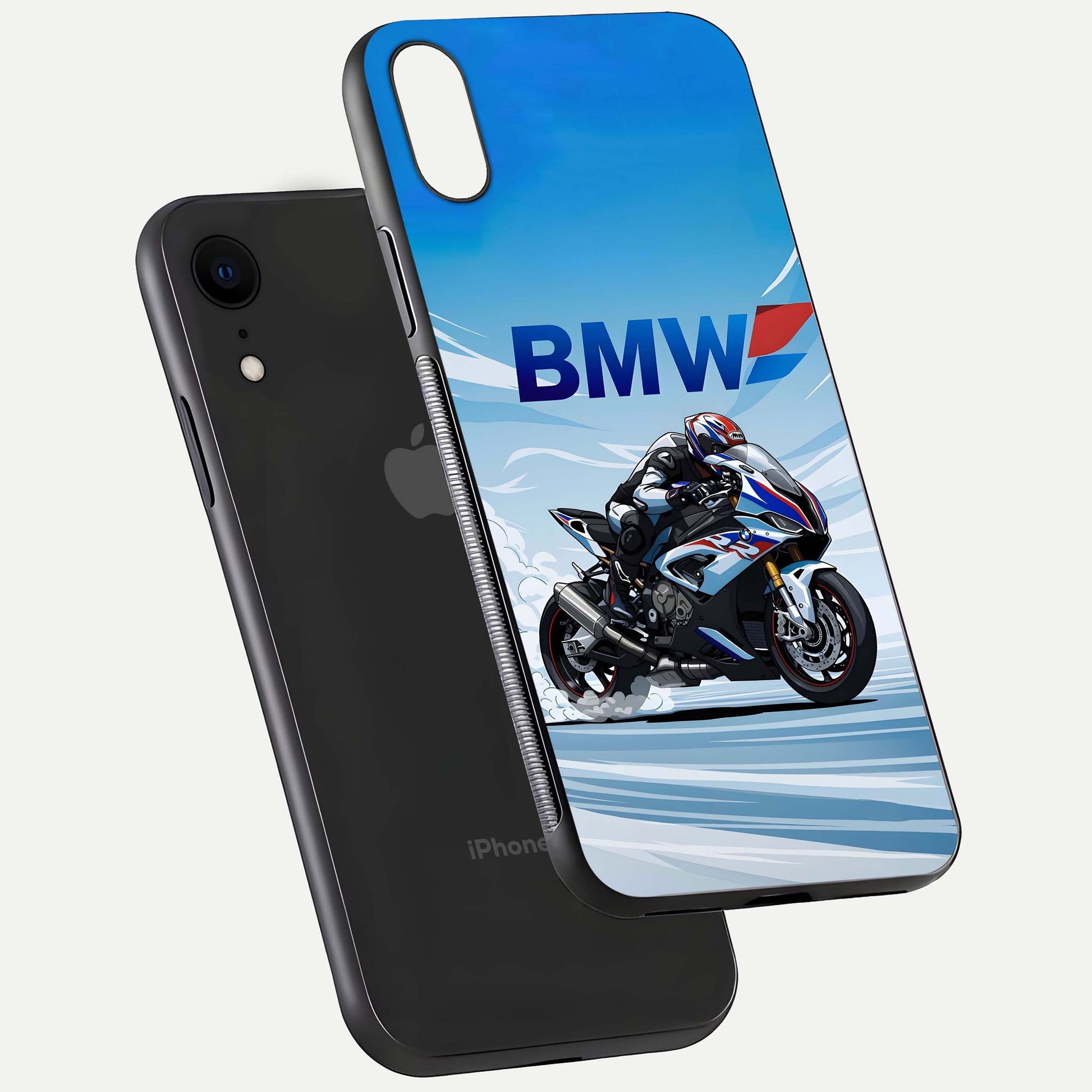 BMW Power Drift Glass Case for iPhone Xr floating mockup displaying bold drift artwork and glossy polish