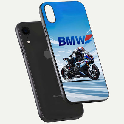 BMW Power Drift Glass Case for iPhone Xr floating mockup displaying bold drift artwork and glossy polish