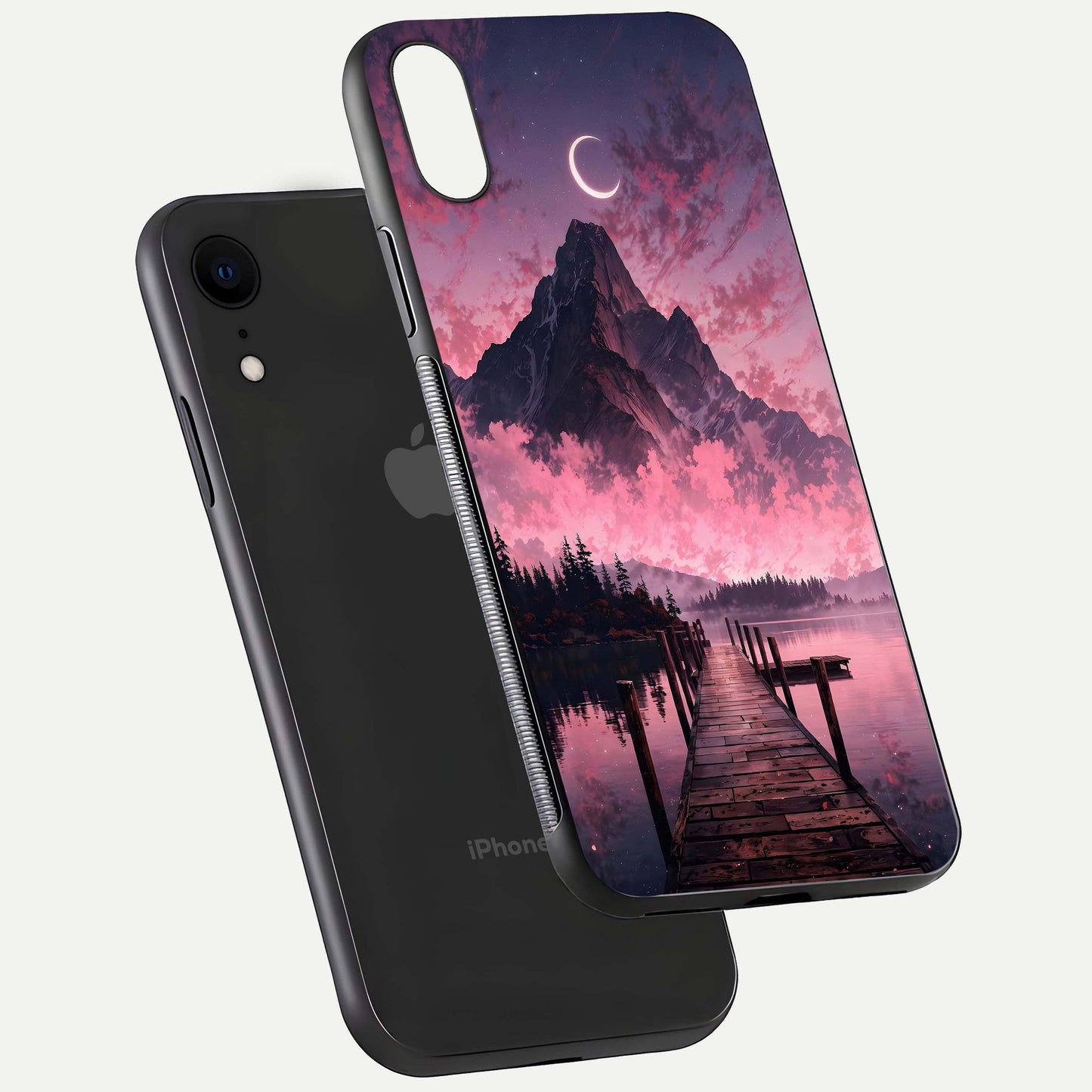 Beautyful Mountain View Glass Case for iPhone 16 Pro floating dual mockup showing edges and reflective sky print