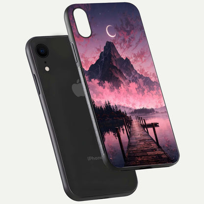 Beautyful Mountain View Glass Case for iPhone 16 Pro floating dual mockup showing edges and reflective sky print