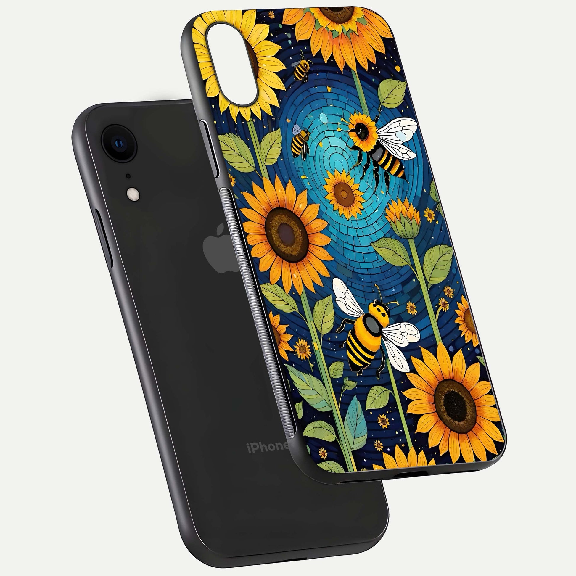 Bees & Sunflowers Glass Case for iPhone Xr floating dual-view mockup displaying vibrant yellow tones and gloss texture