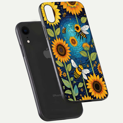 Bees & Sunflowers Glass Case for iPhone Xr floating dual-view mockup displaying vibrant yellow tones and gloss texture