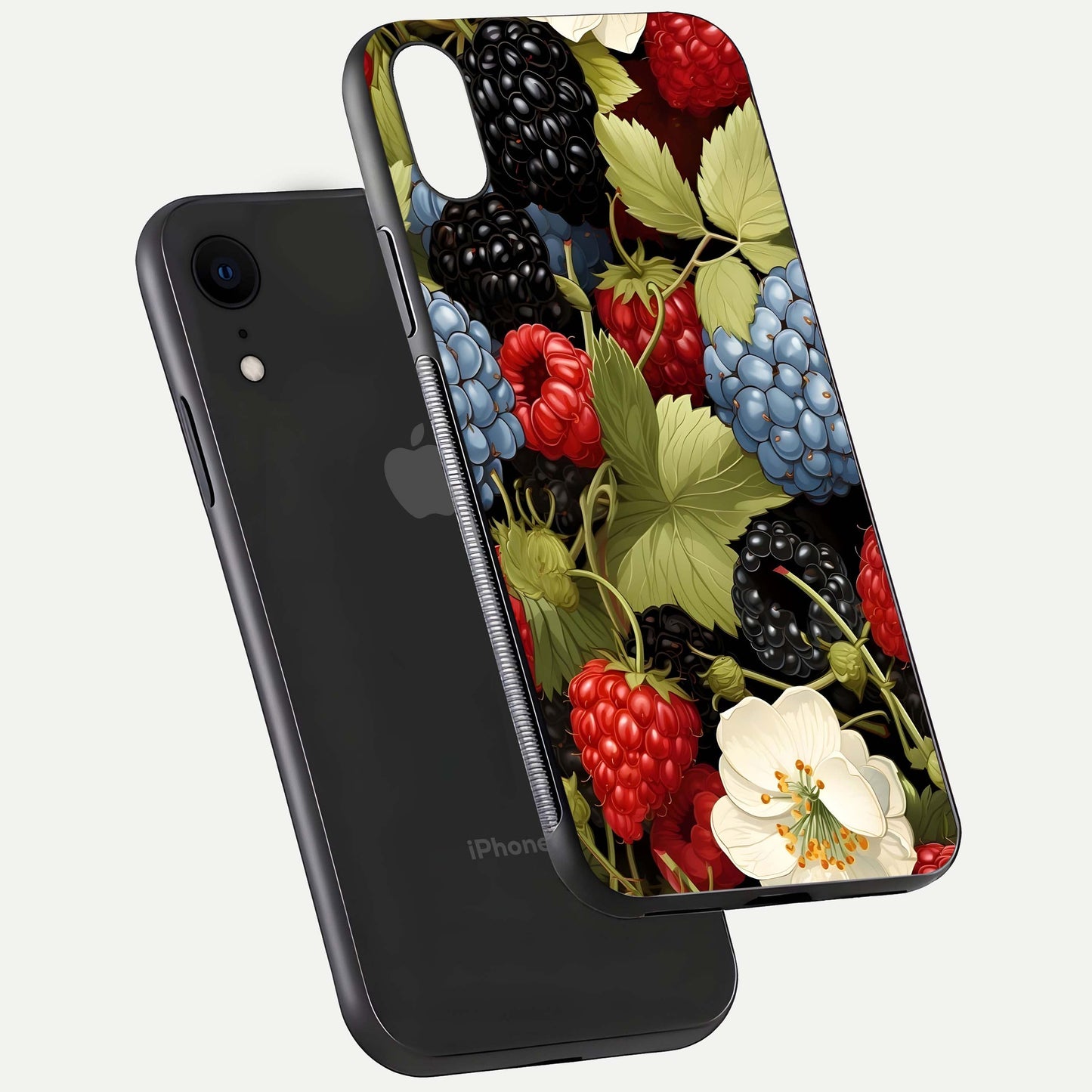 Berry Bloom Charm Glass Case for iPhone Xr floating mockup capturing glossy reflection and curved-edge finish
