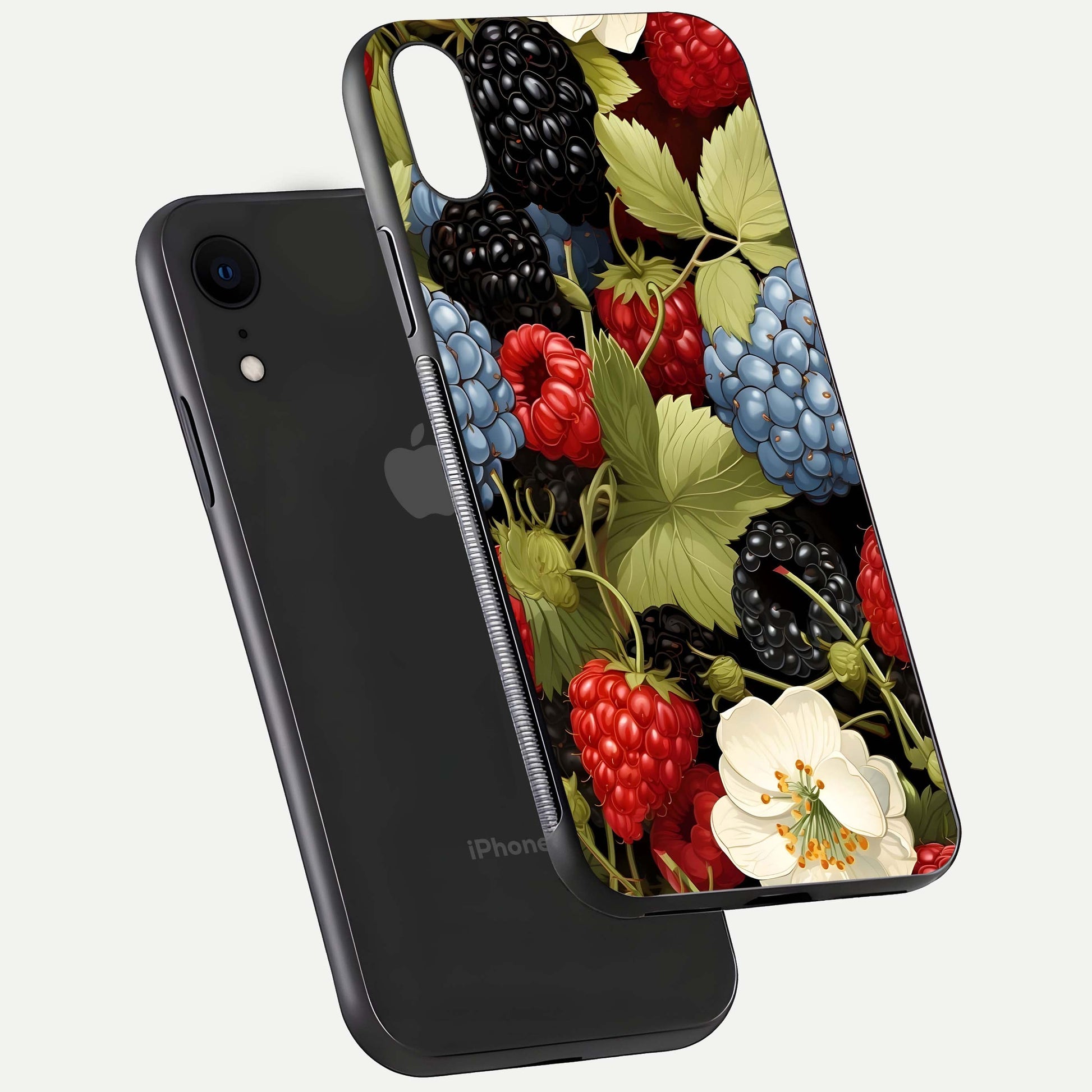 Berry Bloom Charm Glass Case for iPhone Xr floating mockup capturing glossy reflection and curved-edge finish