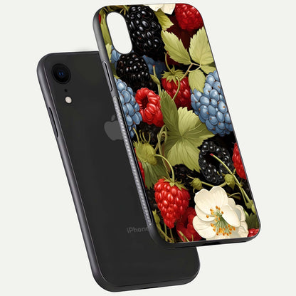 Berry Bloom Charm Glass Case for iPhone Xr floating mockup capturing glossy reflection and curved-edge finish