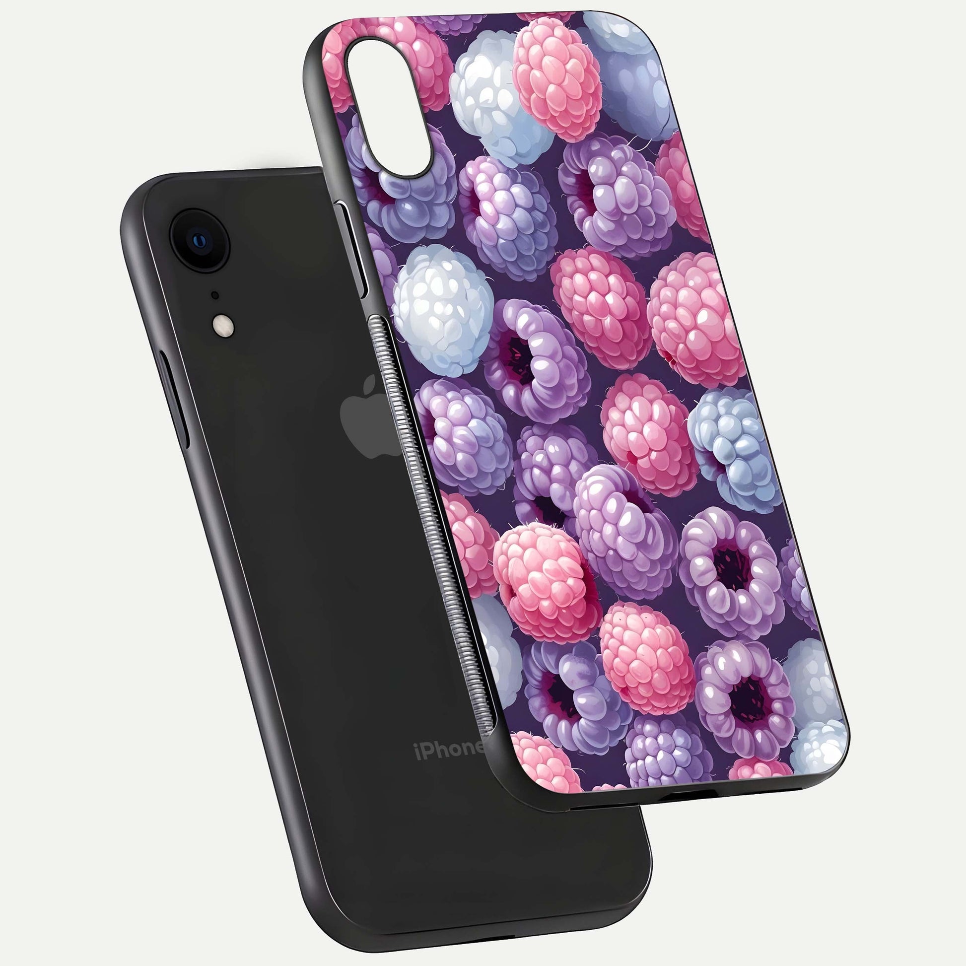 Berry Candy Pop Glass Case for iPhone Xr floating dual-view mockup highlighting gloss shine and curved edges