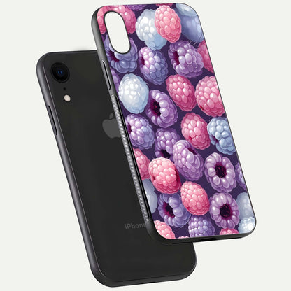 Berry Candy Pop Glass Case for iPhone Xr floating dual-view mockup highlighting gloss shine and curved edges