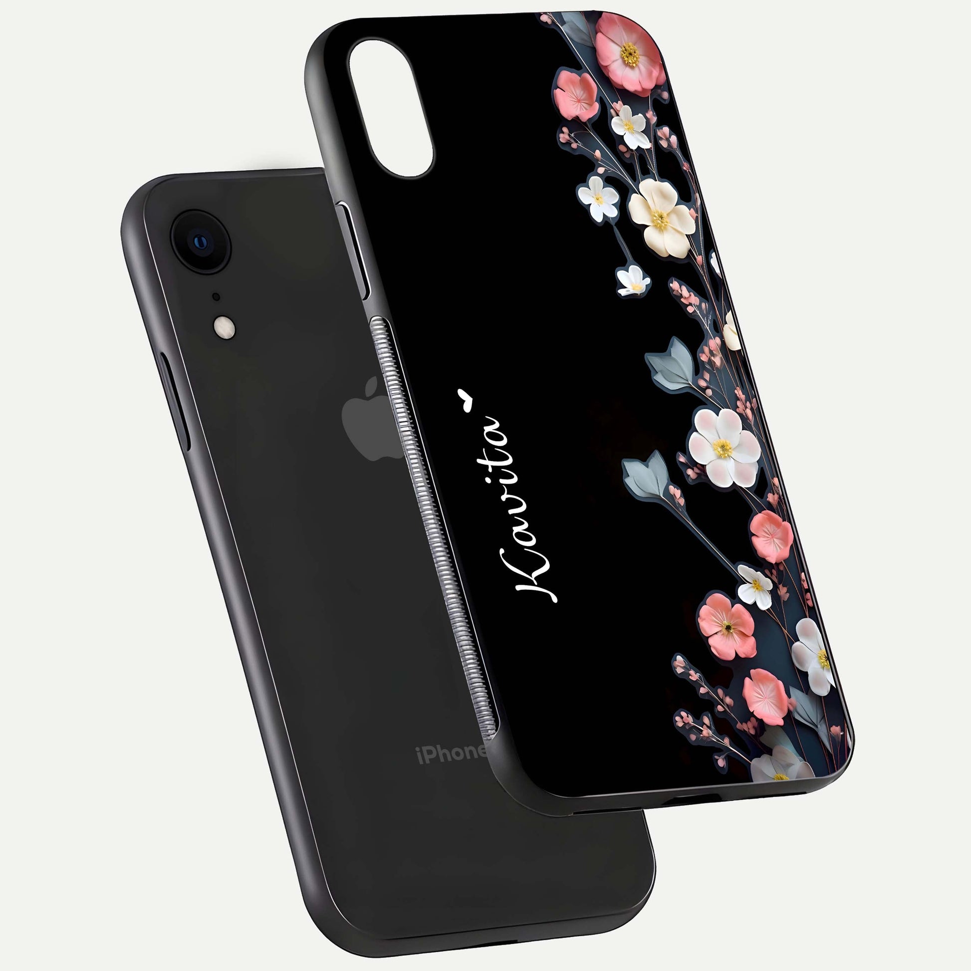 Black Elegance Floral Custom Name Glass Case for iPhone Xr floating mockup emphasizing premium shine and floral art