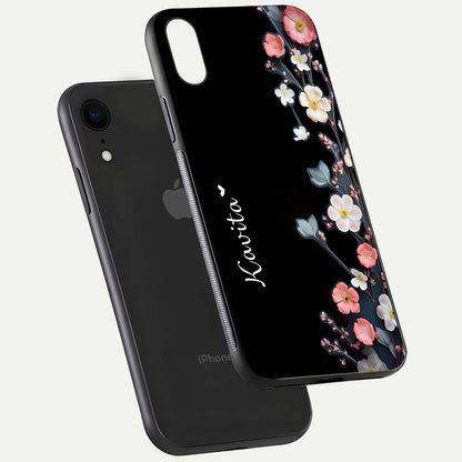 Black Elegance Floral Custom Name Glass Case for iPhone Xr floating mockup emphasizing premium shine and floral art
