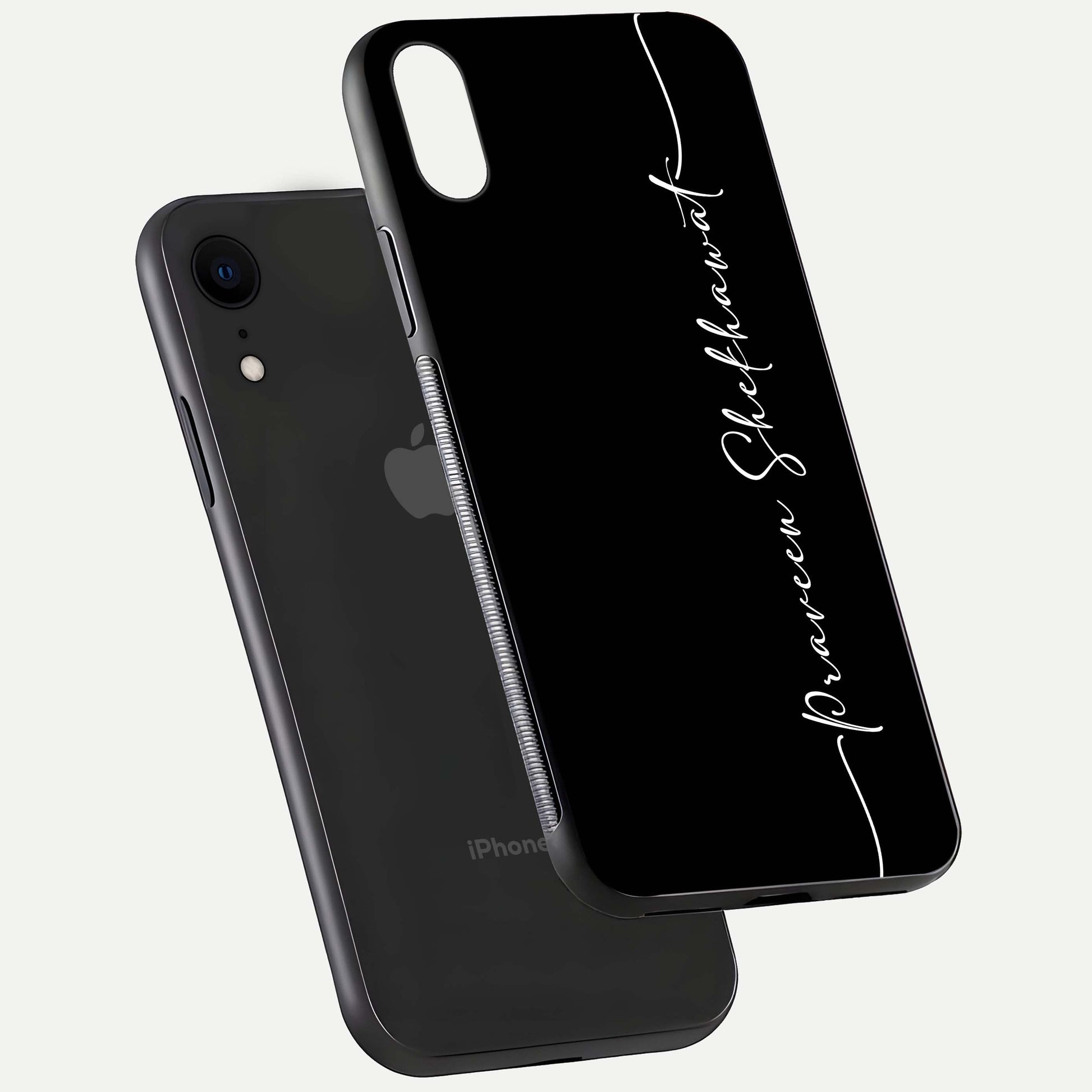 Black Tune Custom Name Glass Case for iPhone 16 Pro floating dual-view mockup emphasizing modern glossy texture