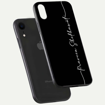 Black Tune Custom Name Glass Case for iPhone 16 Pro floating dual-view mockup emphasizing modern glossy texture