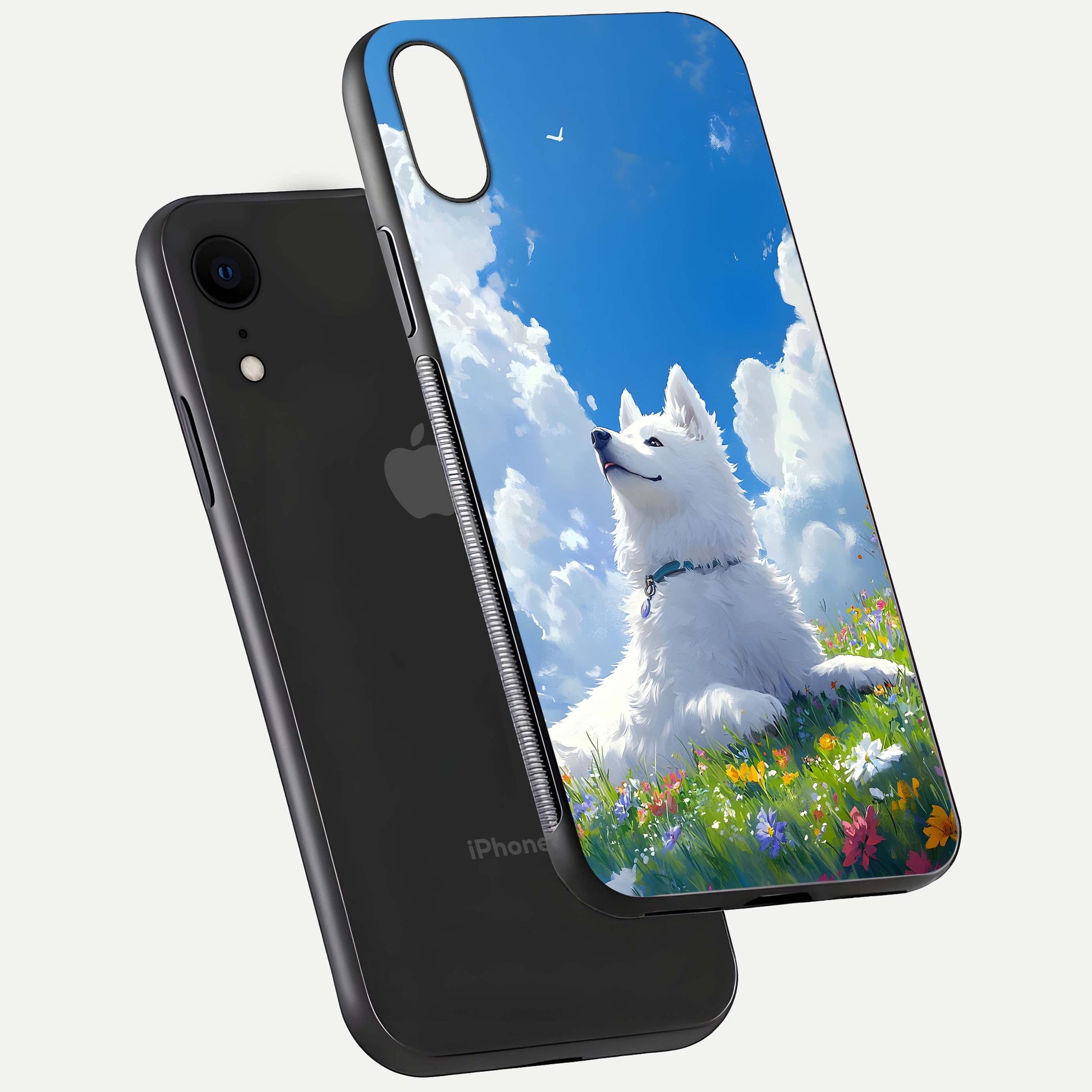 Blissful Cloud Pup Glass Case for iPhone Xr floating mockup capturing playful aesthetic and gloss finish