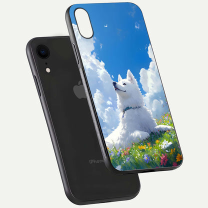 Blissful Cloud Pup Glass Case for iPhone Xr floating mockup capturing playful aesthetic and gloss finish