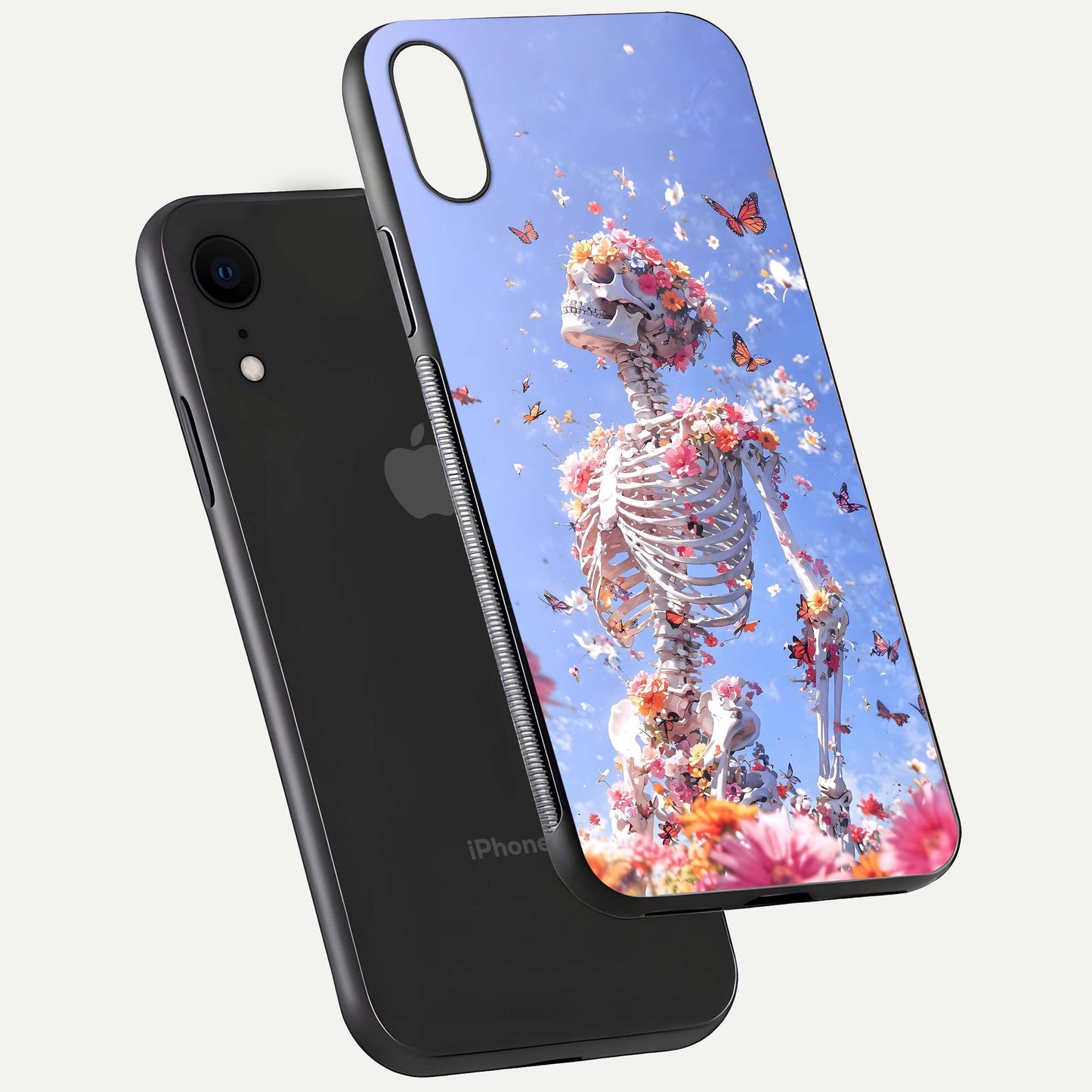 Bloom Beyond Bones Glass Case for iPhone Xr floating mockup displaying shine, texture, and gloss detail