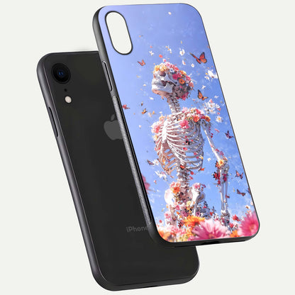 Bloom Beyond Bones Glass Case for iPhone Xr floating mockup displaying shine, texture, and gloss detail
