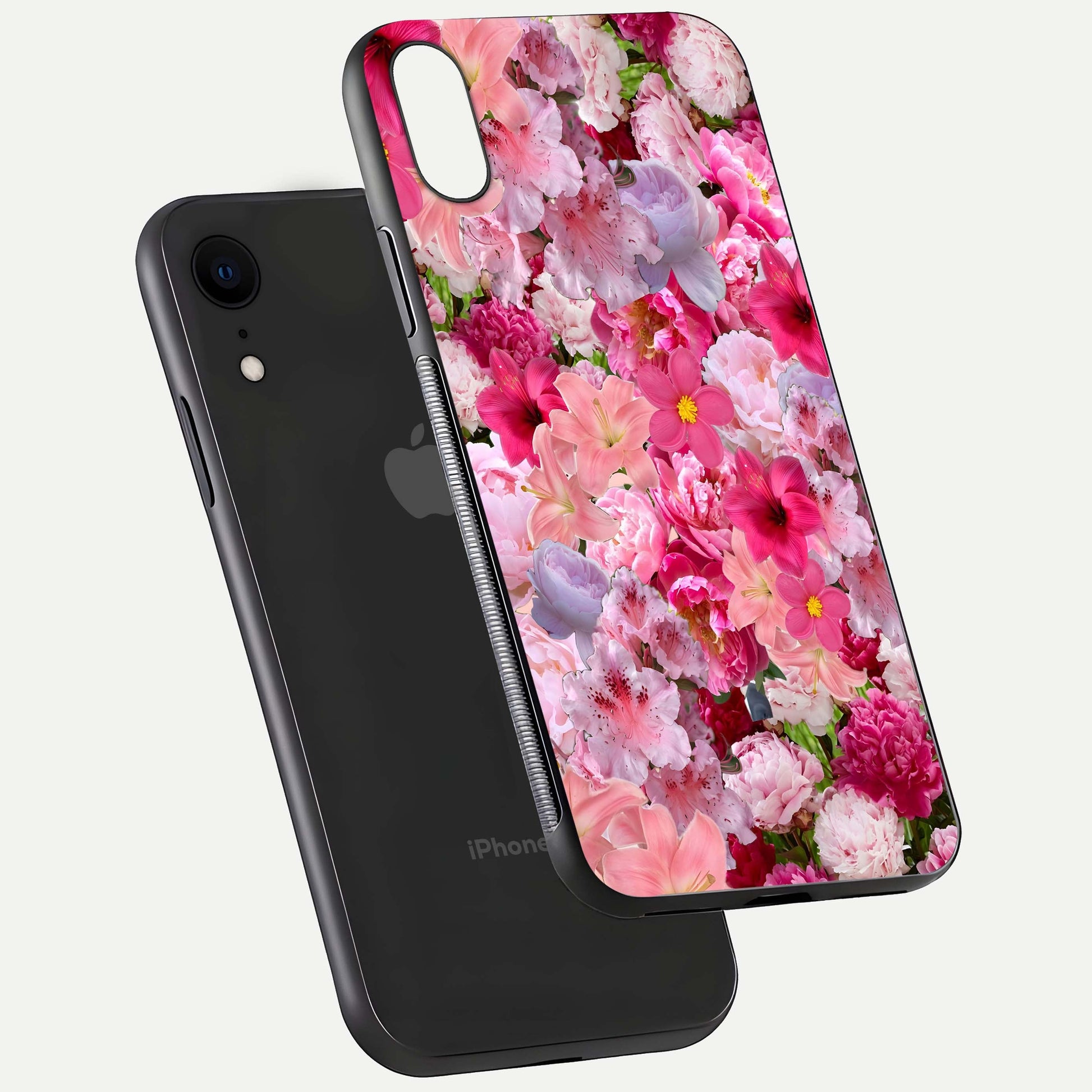 Bloom Crush Fantasy Glass Case for iPhone Xr floating mockup showing floral pattern clarity and HD glass