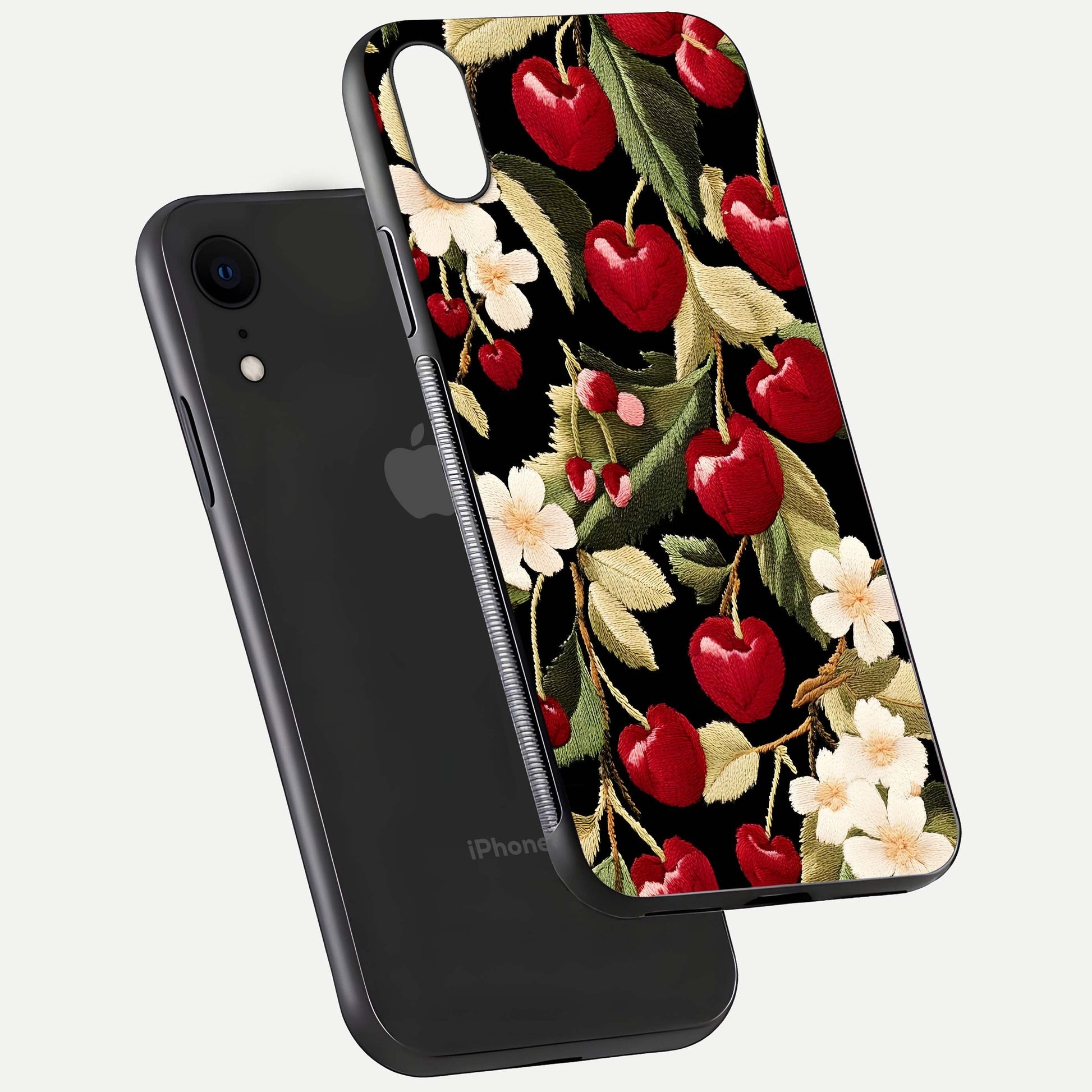 Bloom Thread Art Glass Case for iPhone Xr floating mockup showing premium reflection and stitched art vibe