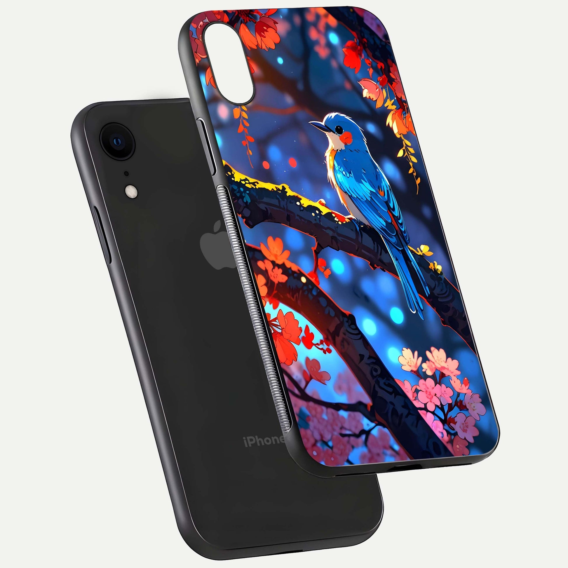 Blooming Spendor Bird Glass Case for iPhone Xr floating dual-mockup capturing gloss tone and curved texture