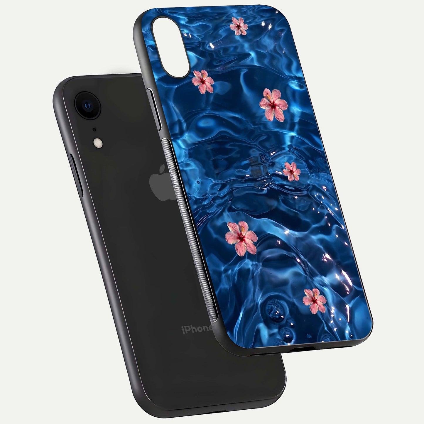 Blooming Water Drift Glass Case for iPhone Xr floating dual-view mockup showing floral drift pattern and reflective surface