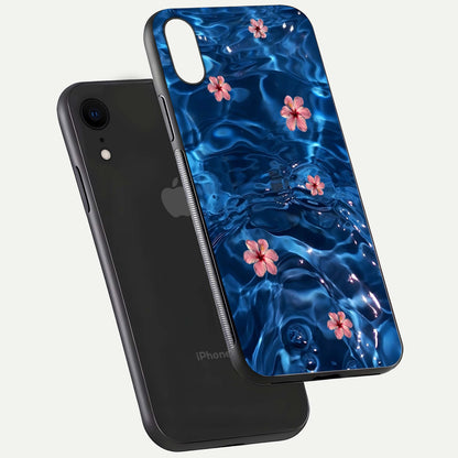 Blooming Water Drift Glass Case for iPhone Xr floating dual-view mockup showing floral drift pattern and reflective surface