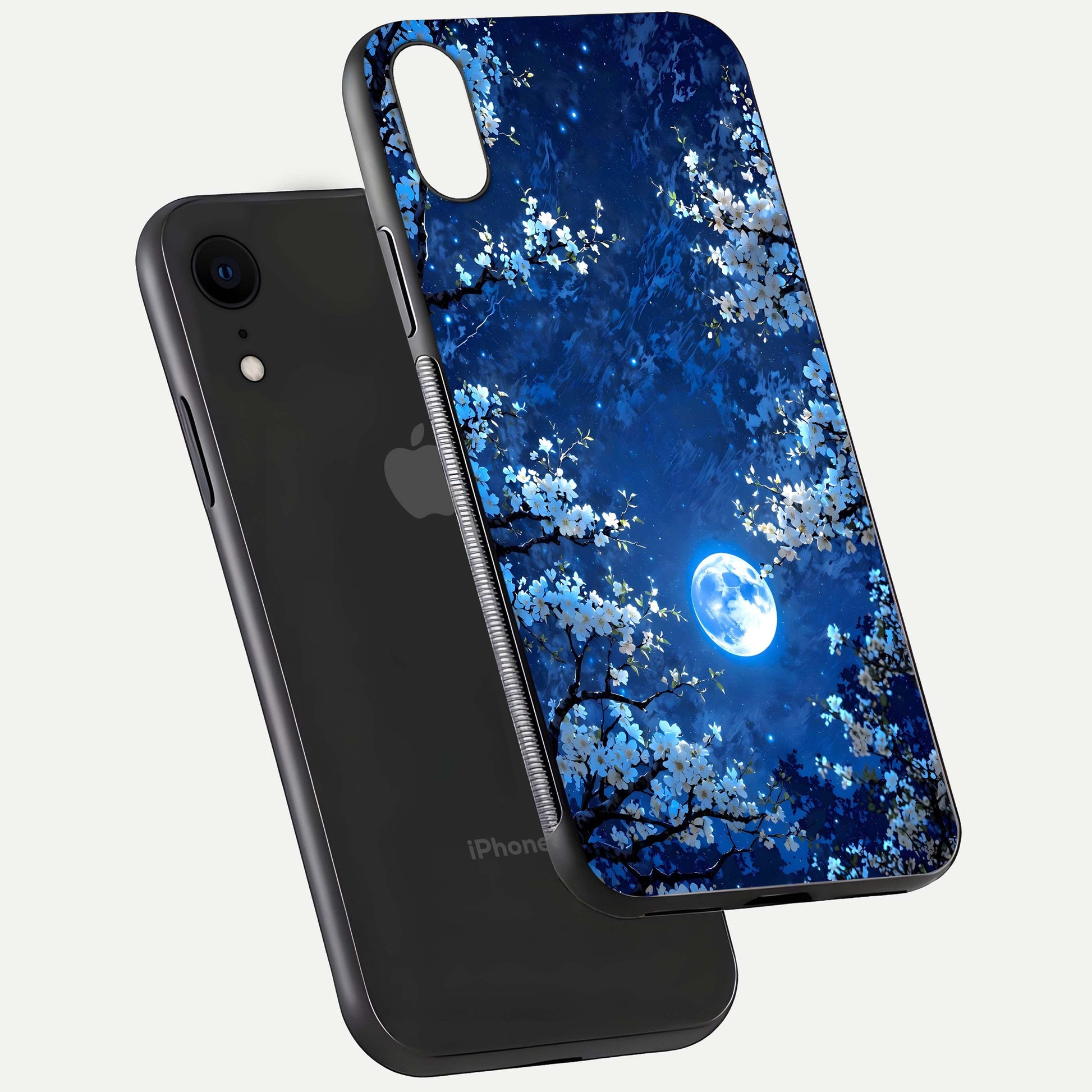 Blossom Moonlight Sky Glass Case for iPhone Xr floating mockup showing glowing moon accent and HD gloss texture
