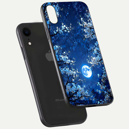 Blossom Moonlight Sky Glass Case for iPhone Xr floating mockup showing glowing moon accent and HD gloss texture