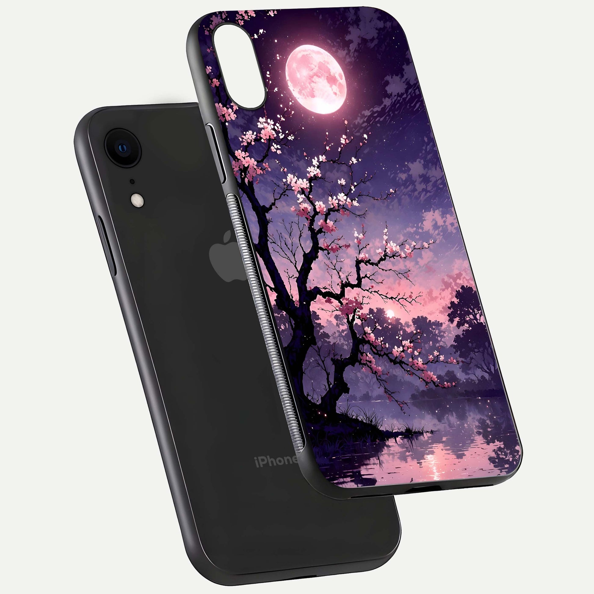 Blossom Pink Moon Glass Case for iPhone Xr floating mockup emphasizing dreamy pink moon aura and smooth finish