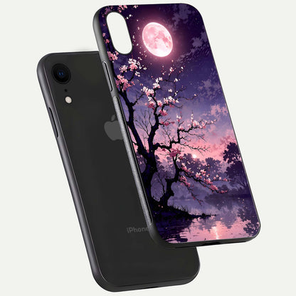 Blossom Pink Moon Glass Case for iPhone Xr floating mockup emphasizing dreamy pink moon aura and smooth finish
