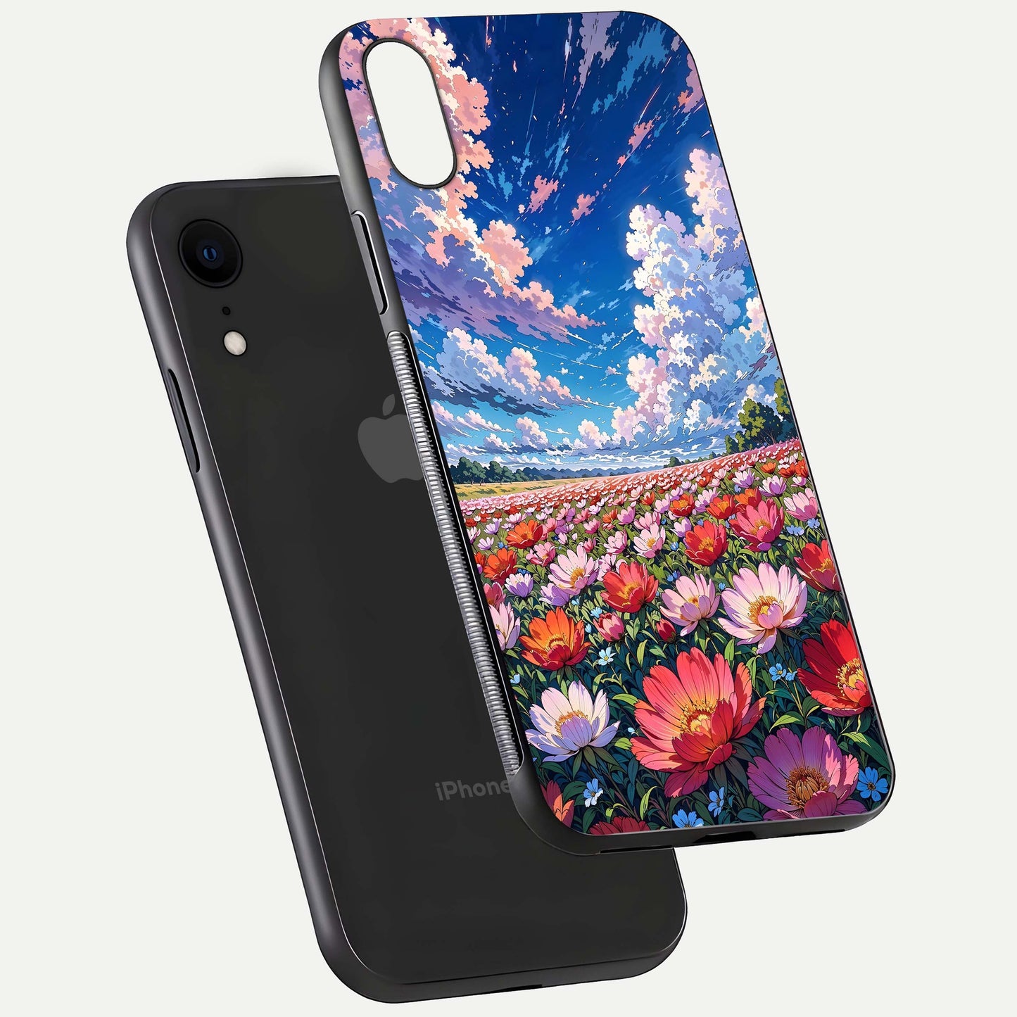 Blossom Sky Field Glass Case for iPhone Xr floating mockup displaying sky bloom concept with smooth finish