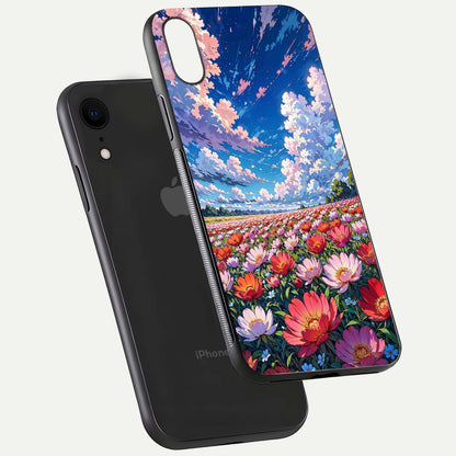 Blossom Sky Field Glass Case for iPhone Xr floating mockup displaying sky bloom concept with smooth finish