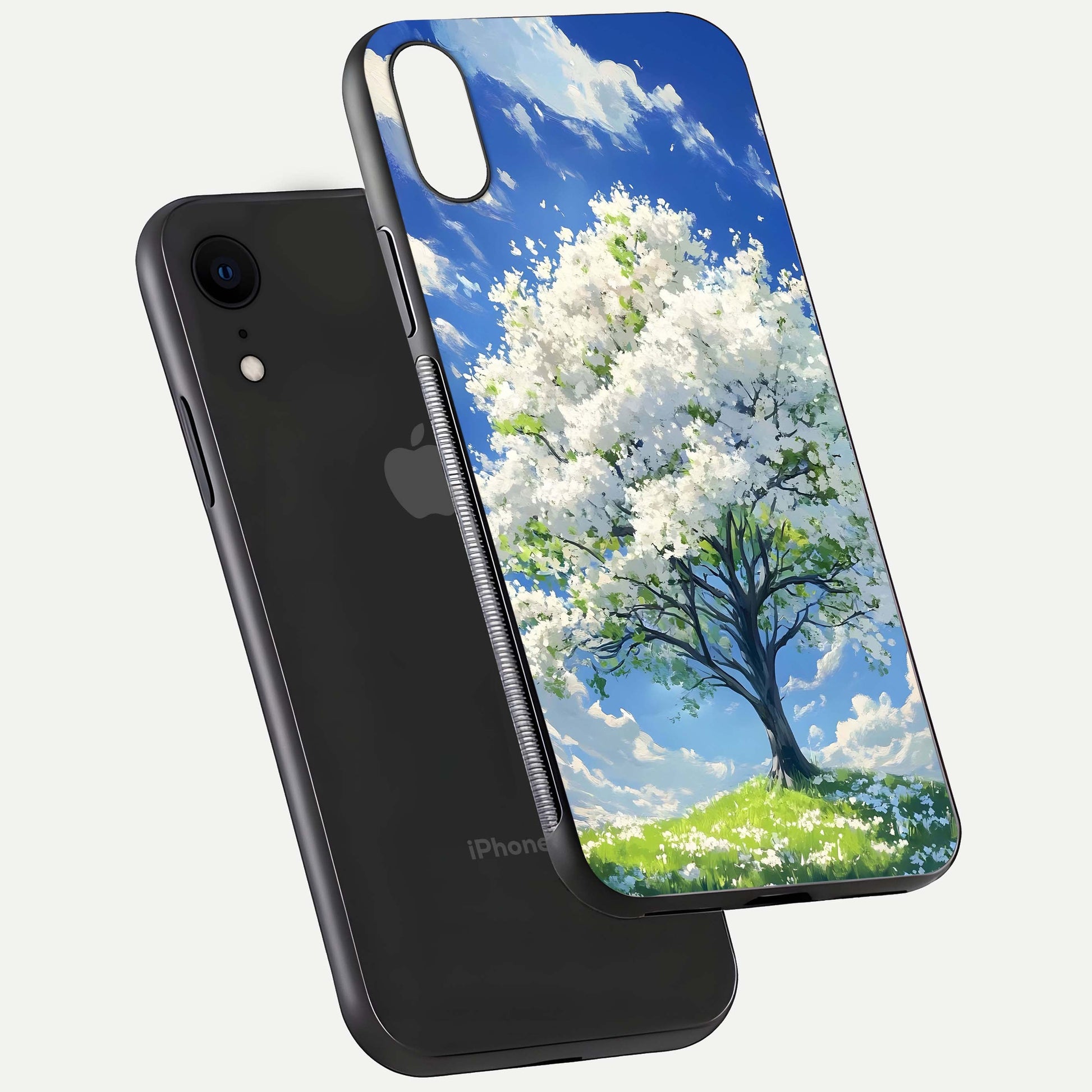 Blossom Sky Serenity Glass Case for iPhone Xr floating mockup capturing gloss surface and tranquil design