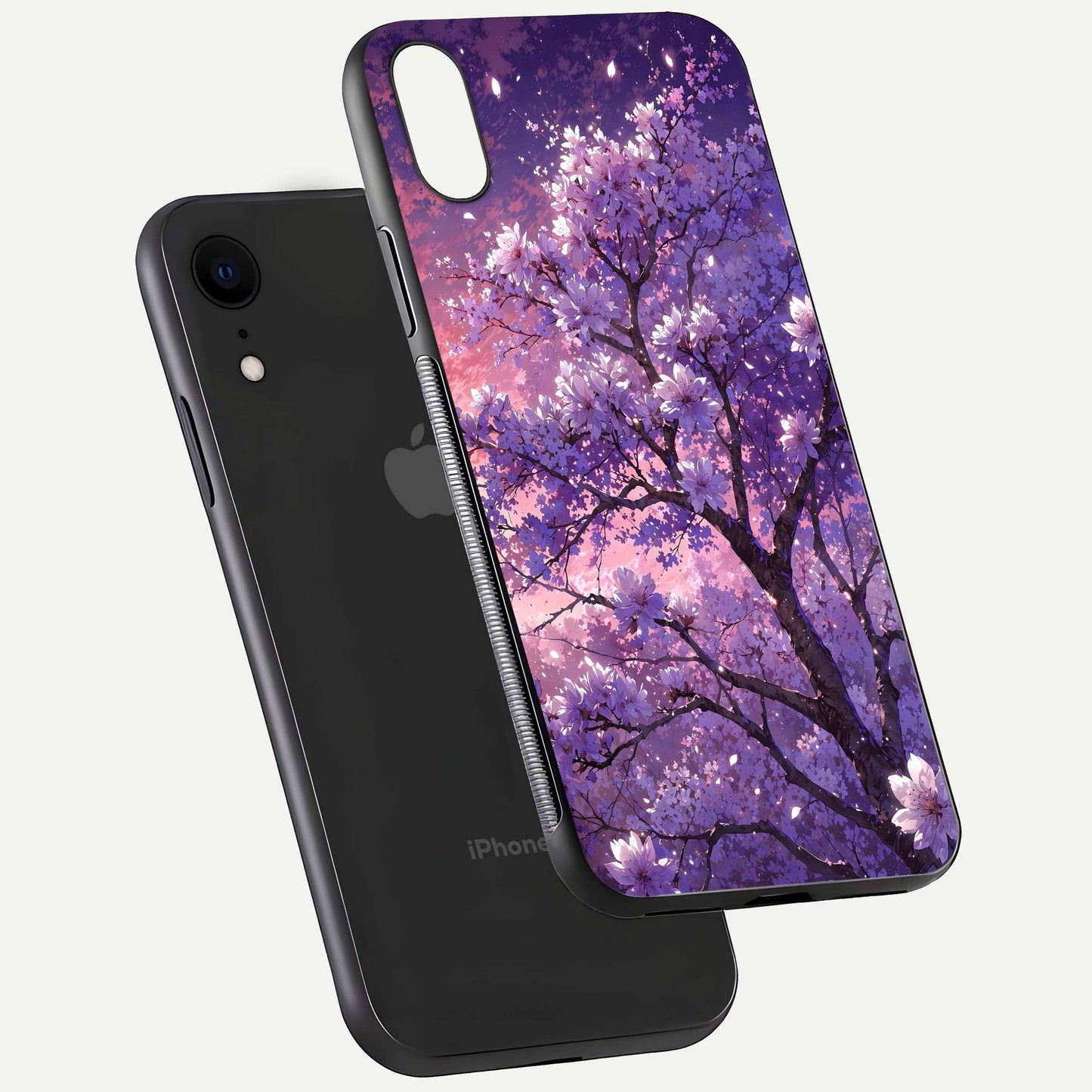 Blossom Tree Glass Case for iPhone Xr floating dual-mockup displaying texture detail and curved edges