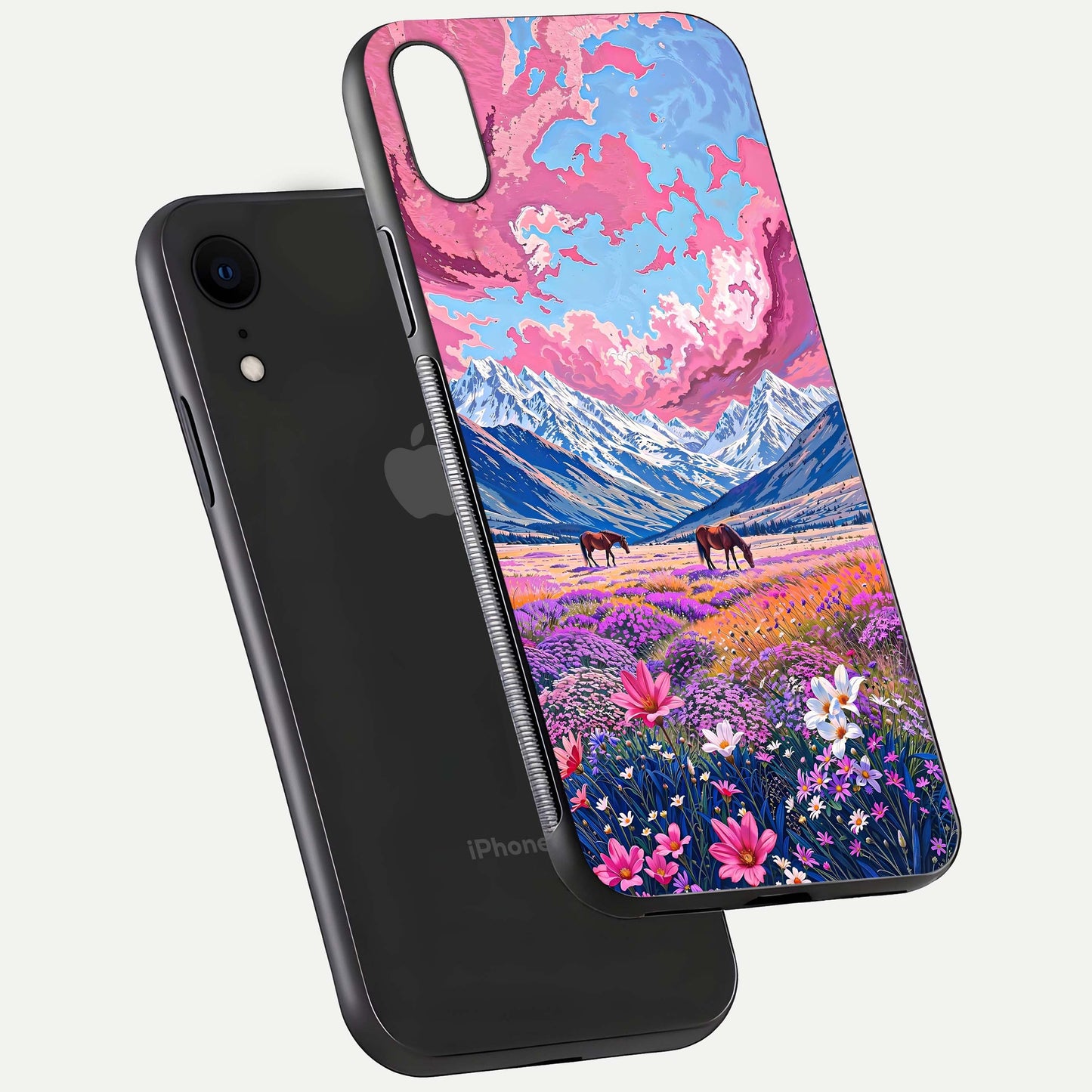 Blossom Valley Dream Glass Case for iPhone Xr floating mockup showing floral valley blend and reflective surface