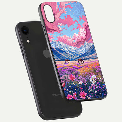 Blossom Valley Dream Glass Case for iPhone Xr floating mockup showing floral valley blend and reflective surface