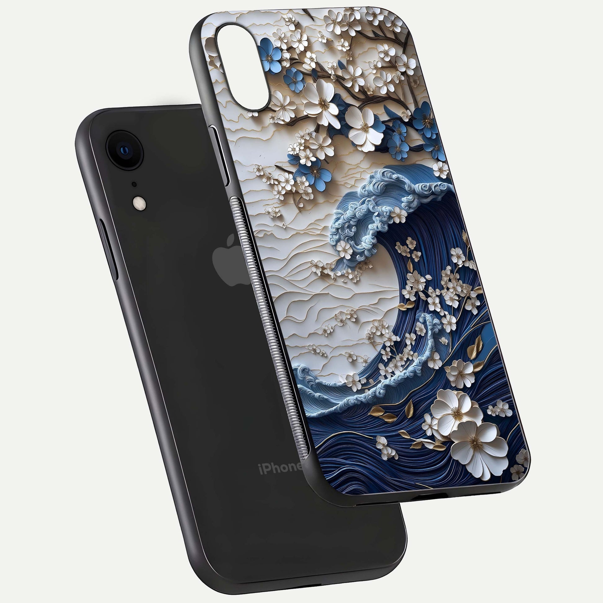 Blossom Wave Art Glass Case for iPhone Xr floating mockup displaying pattern details and reflective shine