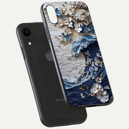 Blossom Wave Art Glass Case for iPhone Xr floating mockup displaying pattern details and reflective shine