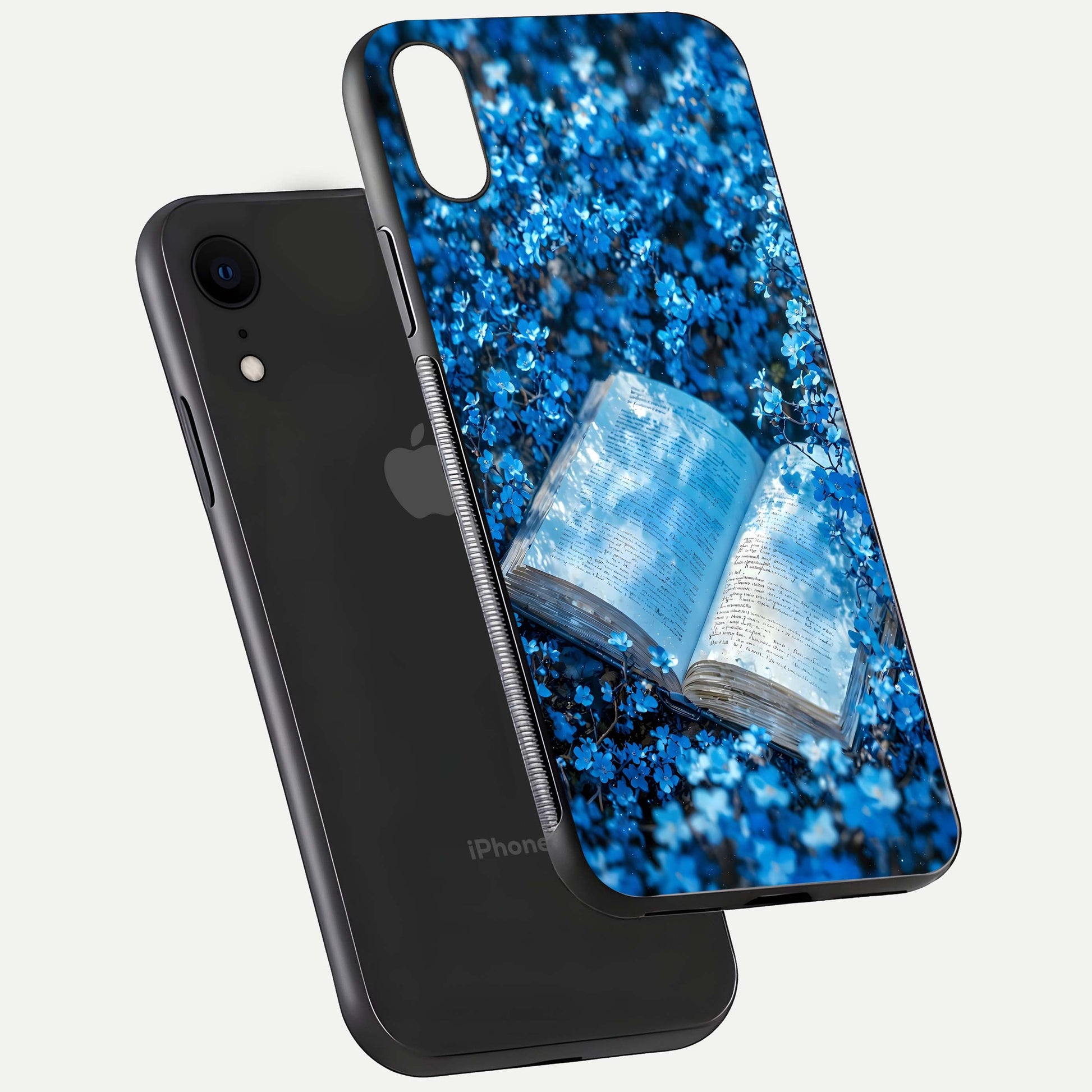 Blue Bloom Tales Glass Case for iPhone Xr floating mockup showing detailed bloom and reflective surface