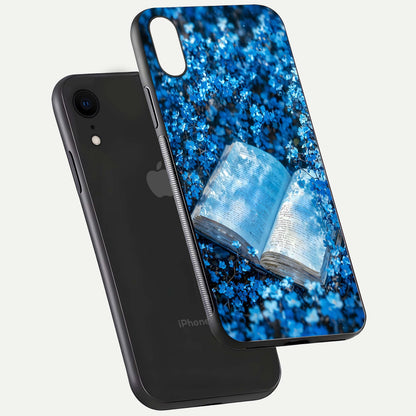Blue Bloom Tales Glass Case for iPhone Xr floating mockup showing detailed bloom and reflective surface
