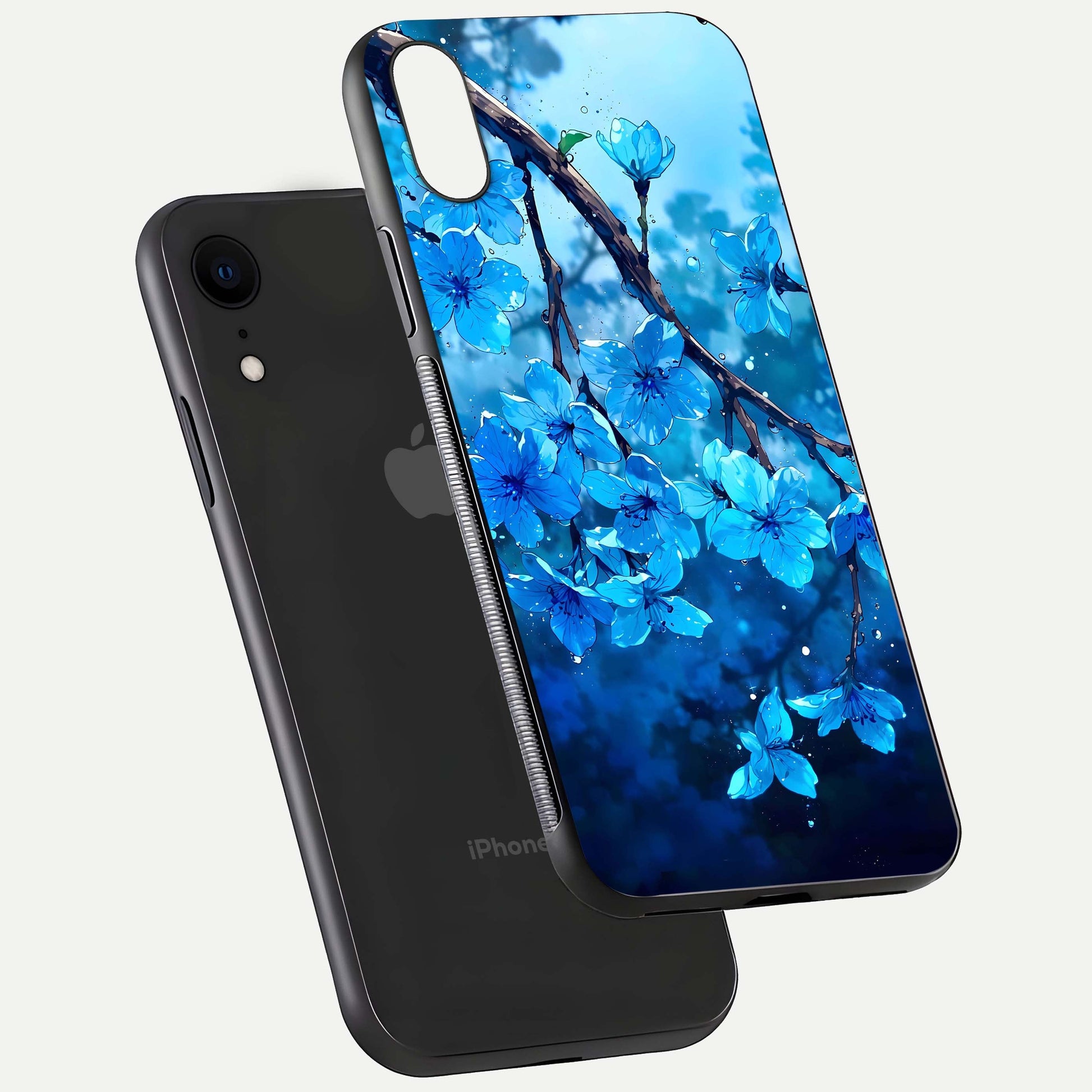 Blue Blossoms Branch Glass Case for iPhone Xr floating mockup showing shine, curved edges, and branch detailing
