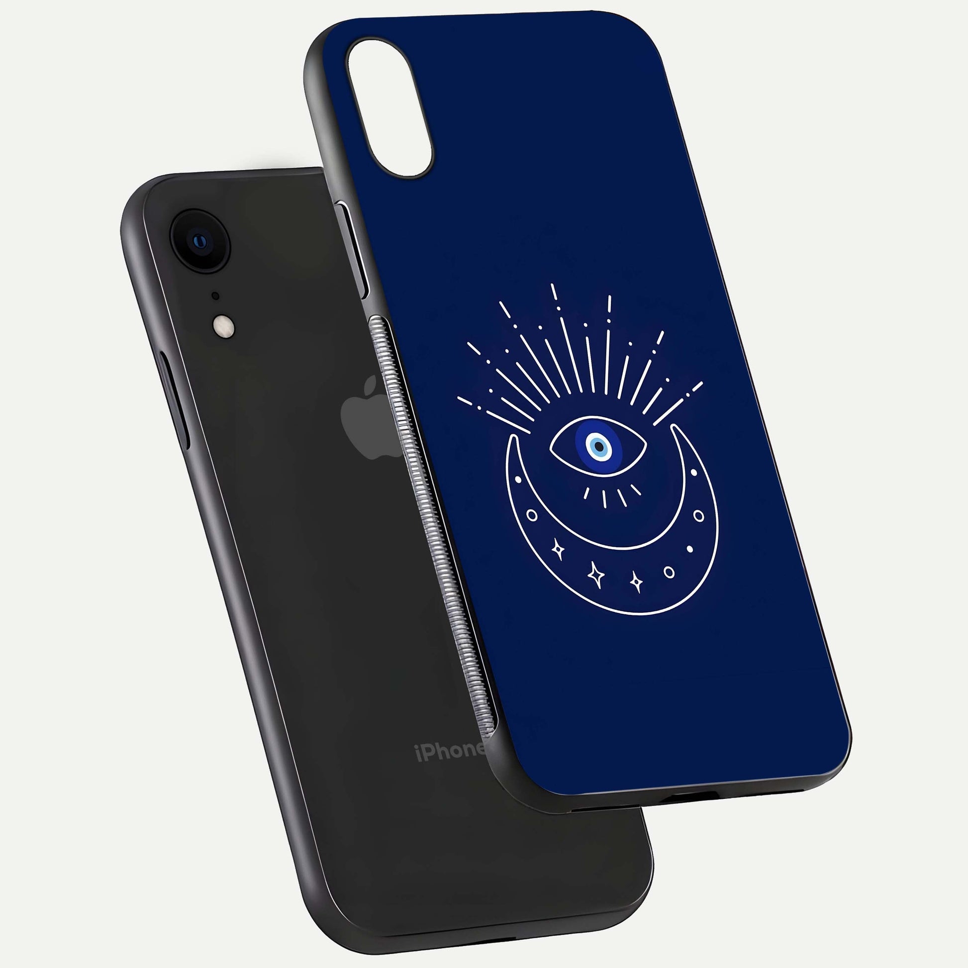 Blue Evil Eye Glass Case for iPhone Xr floating mockup displaying glossy protection and spiritual artwork