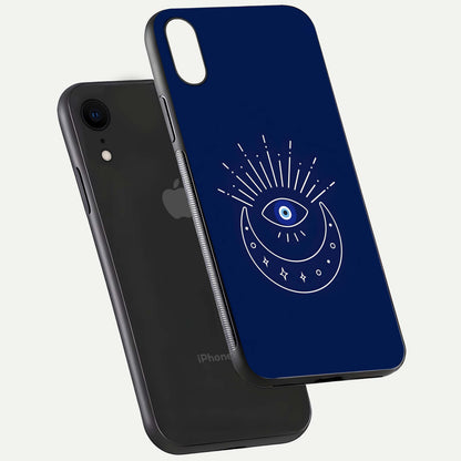 Blue Evil Eye Glass Case for iPhone Xr floating mockup displaying glossy protection and spiritual artwork