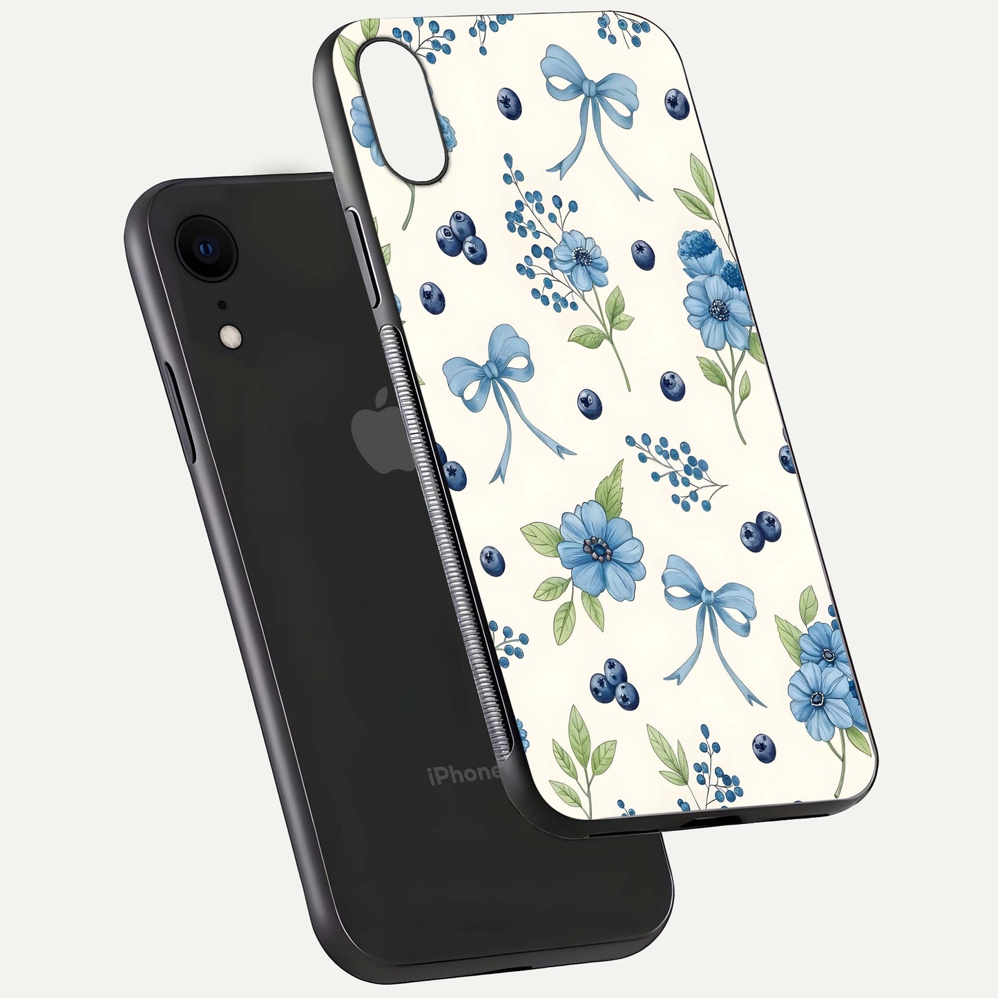 Blue Flower & Bow Glass Case for iPhone Xr floating mockup capturing gloss reflection and girly aesthetic