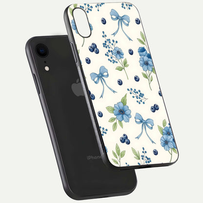 Blue Flower & Bow Glass Case for iPhone Xr floating mockup capturing gloss reflection and girly aesthetic