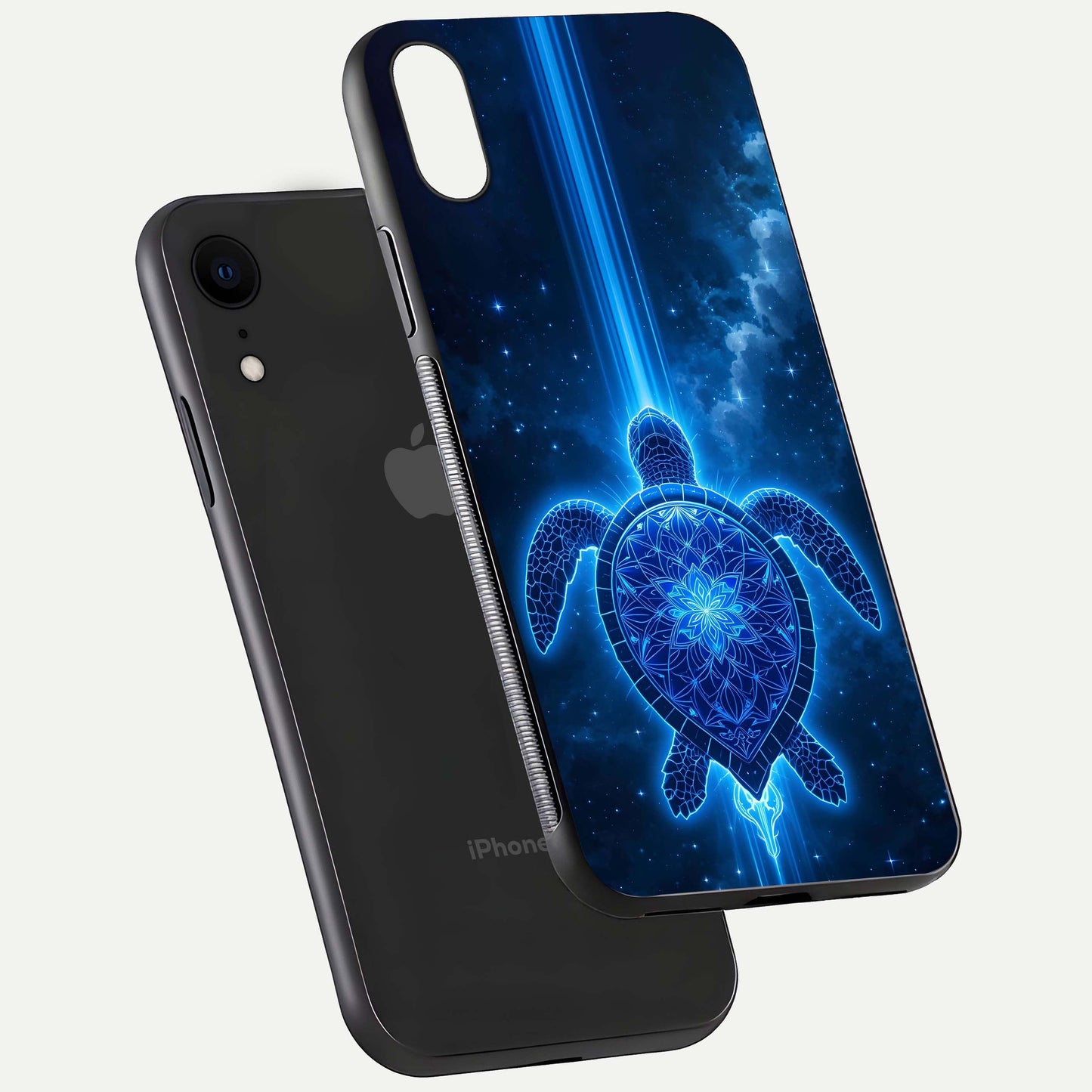 Blue Galaxy Turtle Glass Case for iPhone Xr floating dual-mockup showing gloss depth and color transitions
