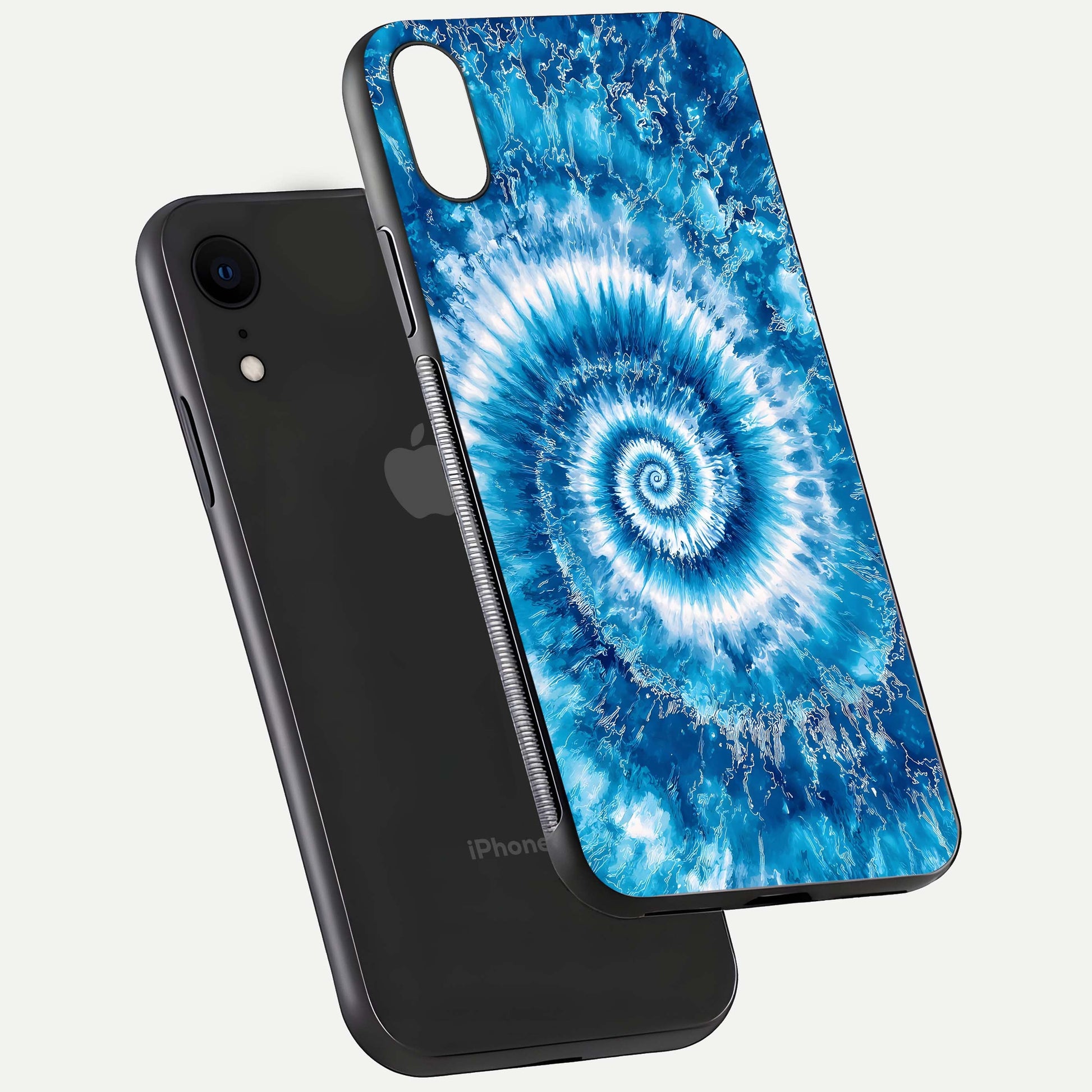 Blue Galaxy Wave Glass Case for iPhone Xr floating mockup revealing cosmic depth and curved-edge texture