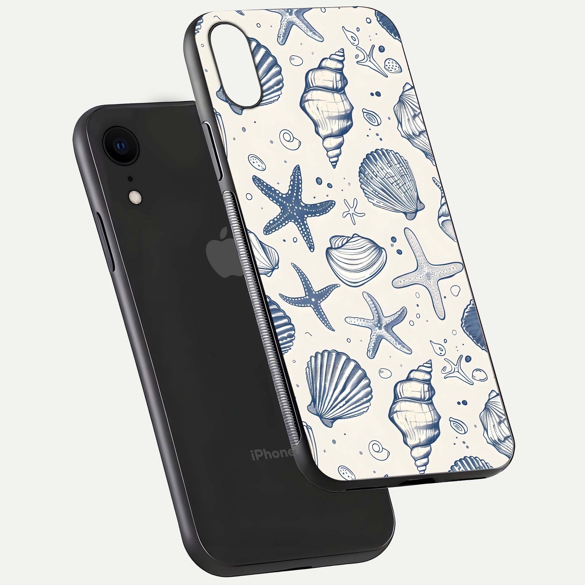 Blue Ocean Outline Glass Case for iPhone Xr floating mockup displaying marine-inspired aesthetic and smooth surface