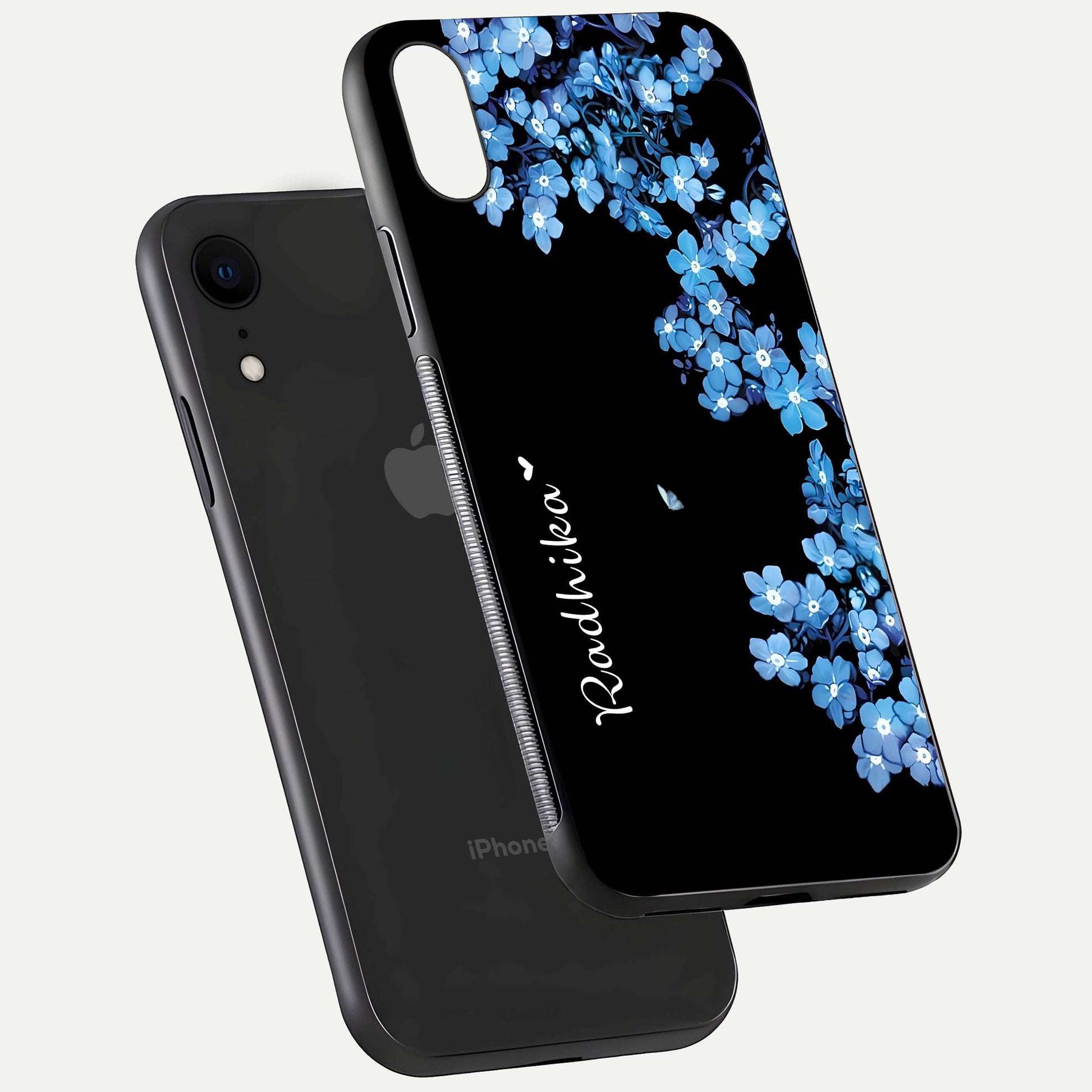 Blue Petal Dream Custom Name Glass Case for iPhone Xr floating mockup capturing floral tones and glass shine